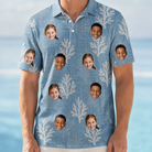 Model wearing Men's Polyp Parade Custom Face Polo Shirt printed with kids' faces