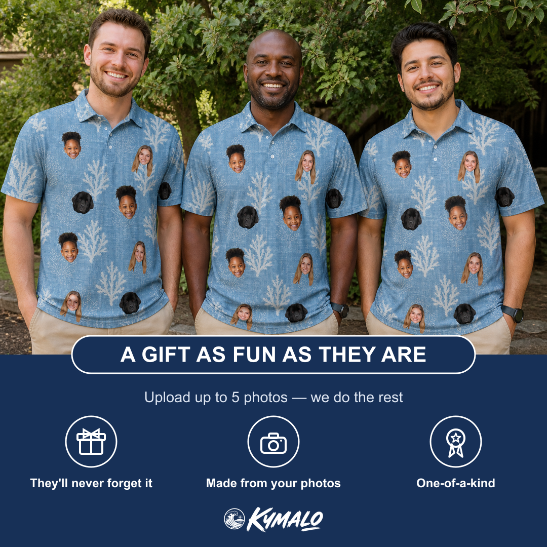 Friends in matching Men's Polyp Parade Custom Face Polo Shirt — a group gift photo