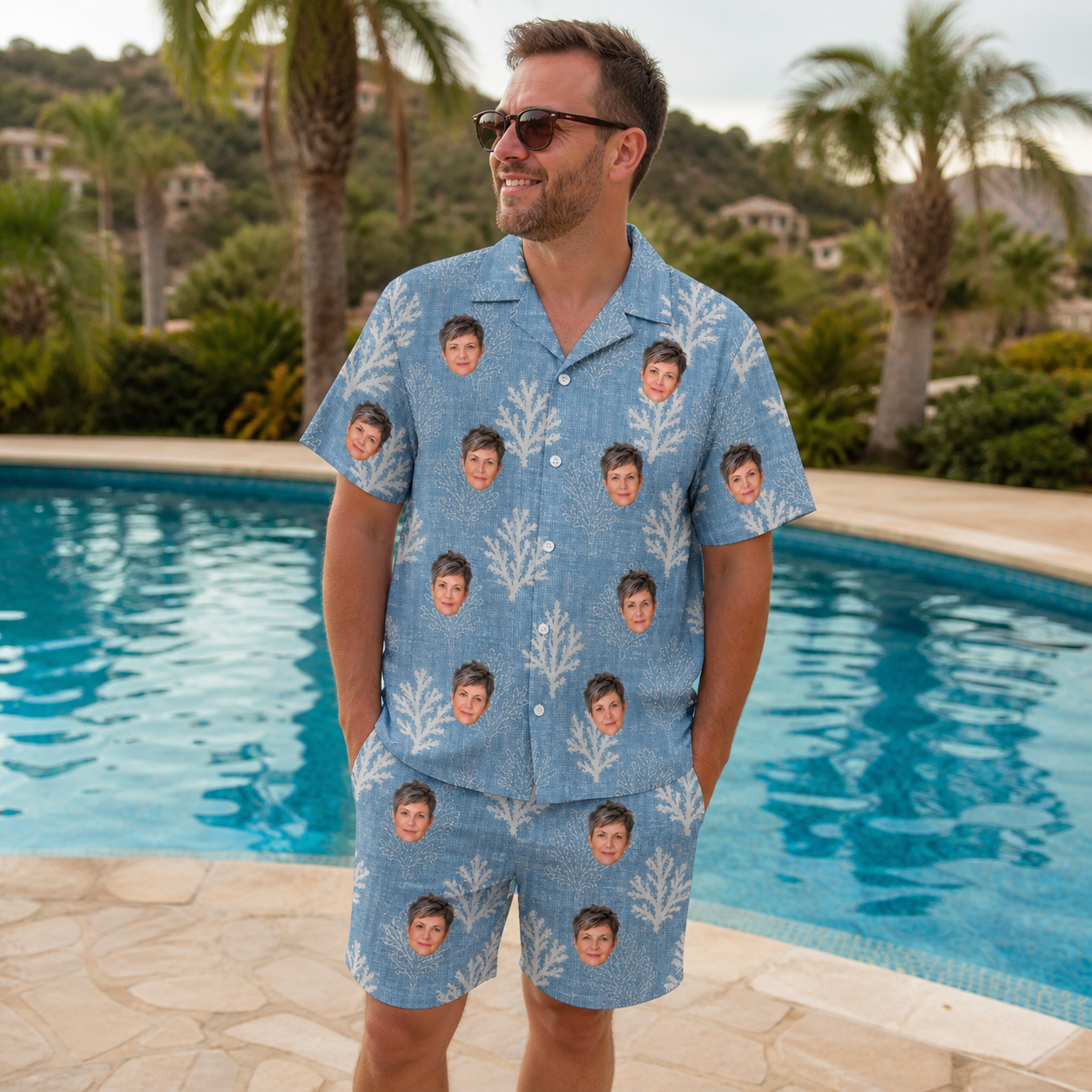 Real-life photo of someone wearing Men's Polyp Parade Custom Face Shirt & Shorts Set — custom faces printed all-over