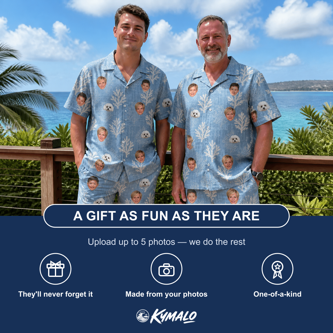 Friends in matching Men's Polyp Parade Custom Face Shirt & Shorts Set — a group gift photo