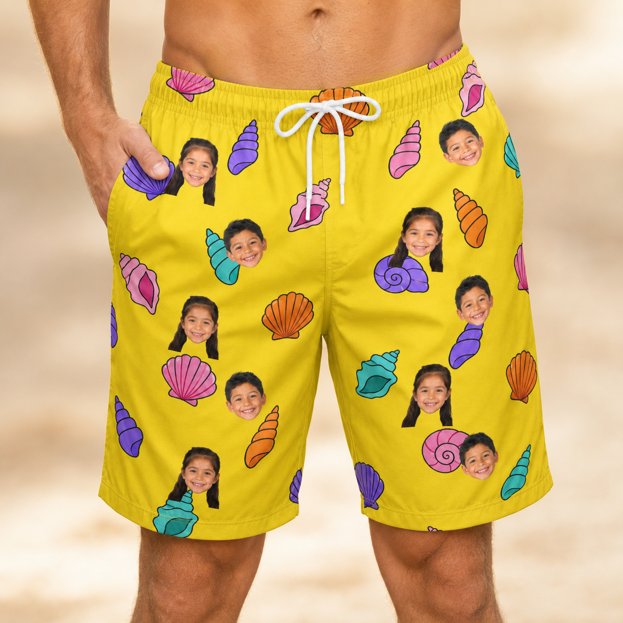 Model wearing Men's Nacre Nonsense Custom Face Beach Shorts printed with kids' faces