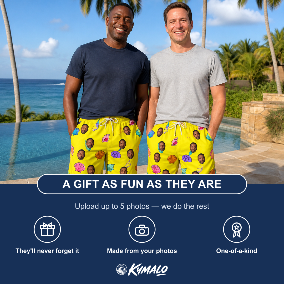 Friends in matching Men's Nacre Nonsense Custom Face Beach Shorts — a group gift photo