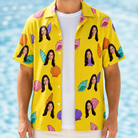 Man wearing Men's Nacre Nonsense Custom Face Hawaiian Shirt open over a white tee