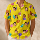 Model wearing Men's Nacre Nonsense Custom Face Hawaiian Shirt printed with kids' faces