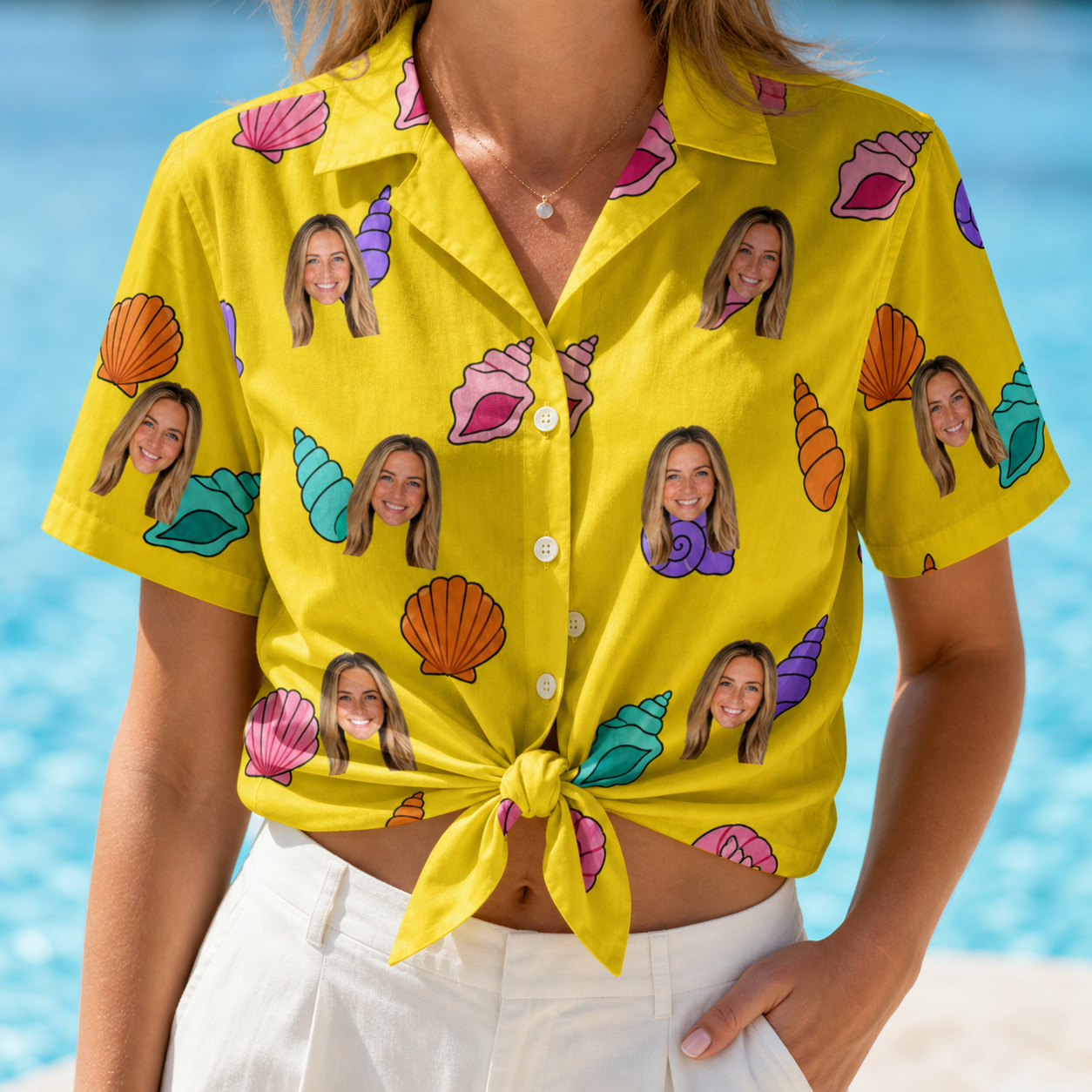 Woman wearing Women's Nacre Nonsense Custom Face Hawaiian Shirt tied at the waist