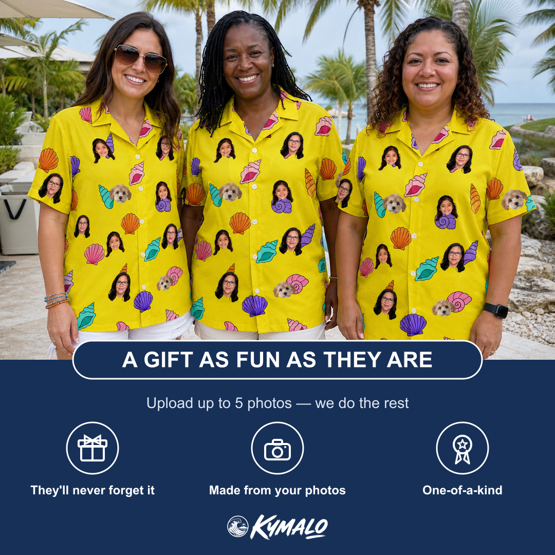 Friends in matching Women's Nacre Nonsense Custom Face Hawaiian Shirt — a group gift photo