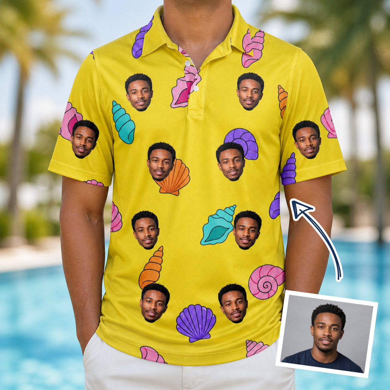 Man wearing Men's Nacre Nonsense Custom Face Polo Shirt — custom faces printed all-over