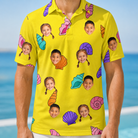 Model wearing Men's Nacre Nonsense Custom Face Polo Shirt printed with kids' faces