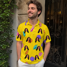 Real-life photo of someone wearing Men's Nacre Nonsense Custom Face Polo Shirt — custom faces printed all-over