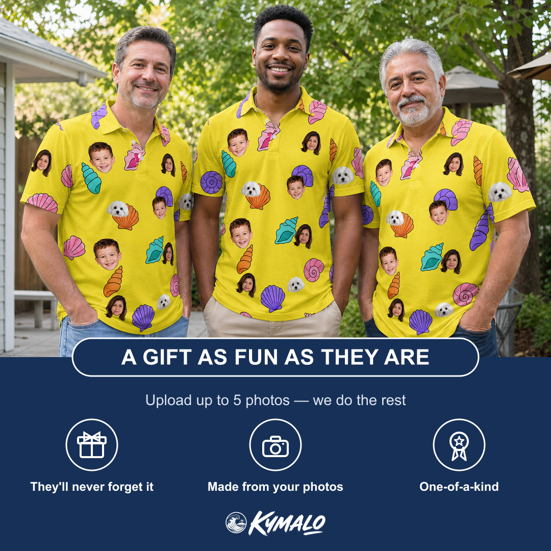 Friends in matching Men's Nacre Nonsense Custom Face Polo Shirt — a group gift photo