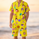 Model wearing Men's Nacre Nonsense Custom Face Shirt & Shorts Set printed with kids' faces