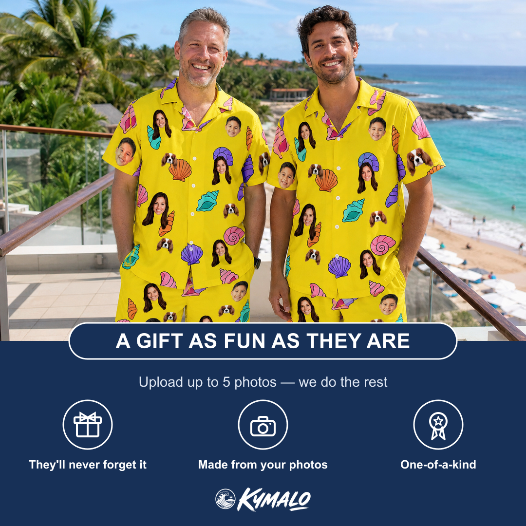 Friends in matching Men's Nacre Nonsense Custom Face Shirt & Shorts Set — a group gift photo