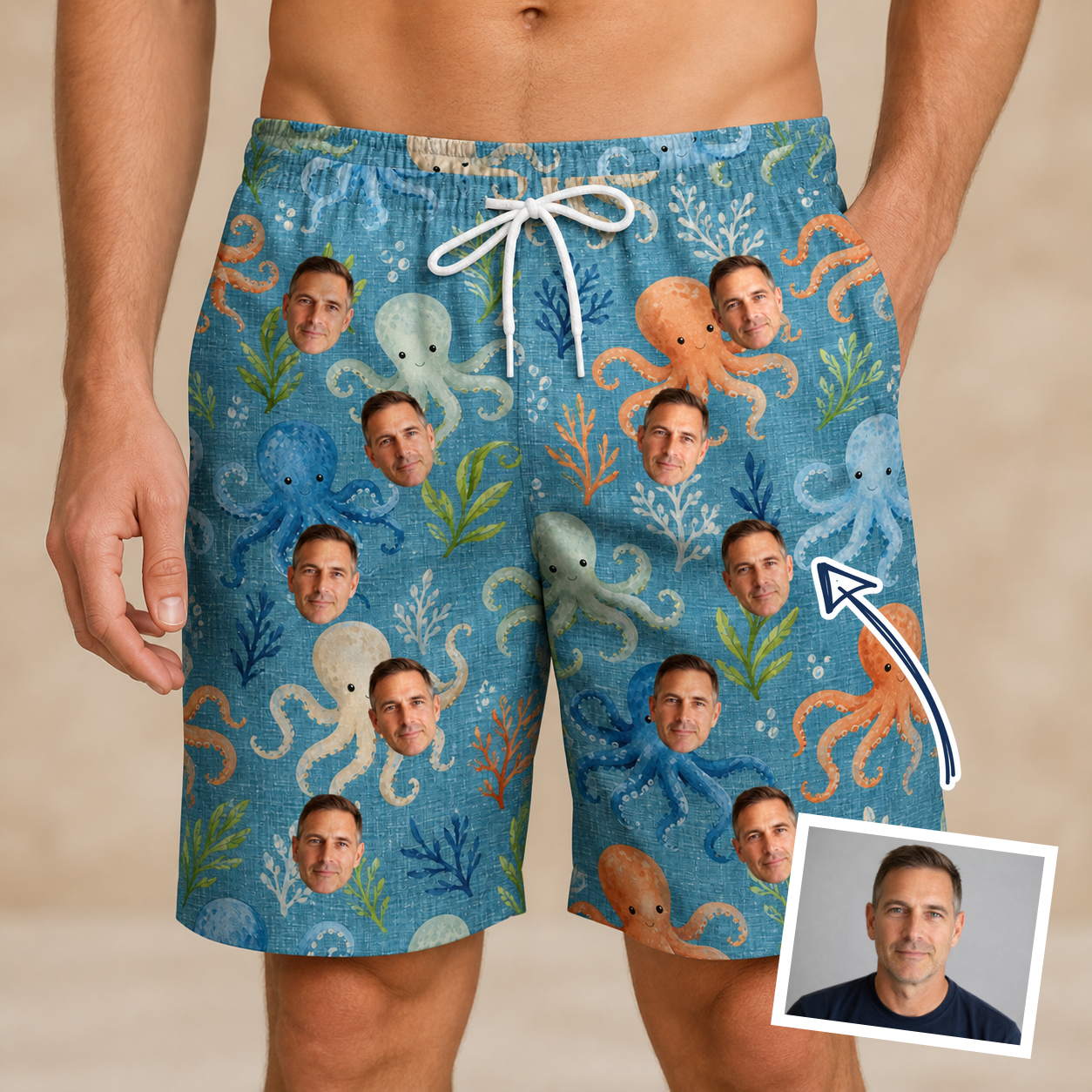 Man wearing Men's Octopus Ocean Custom Face Beach Shorts — custom faces printed all-over