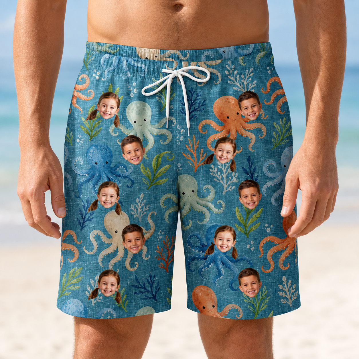 Model wearing Men's Octopus Ocean Custom Face Beach Shorts printed with kids' faces