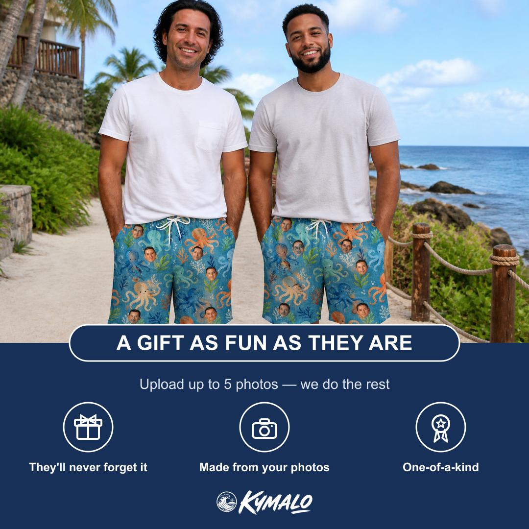 Friends in matching Men's Octopus Ocean Custom Face Beach Shorts — a group gift photo