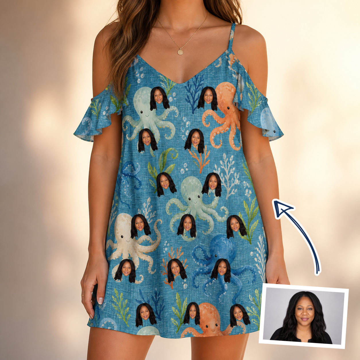 Woman wearing Women's Octopus Ocean Custom Face Off-Shoulder Dress — custom faces printed all-over