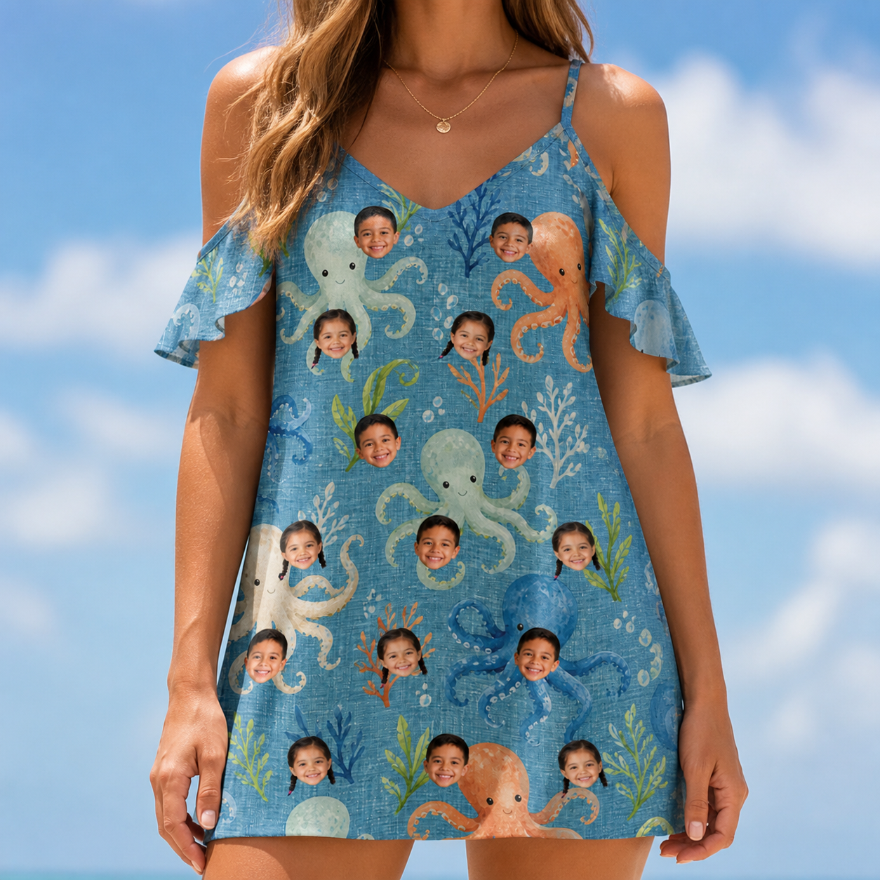 Model wearing Women's Octopus Ocean Custom Face Off-Shoulder Dress printed with kids' faces