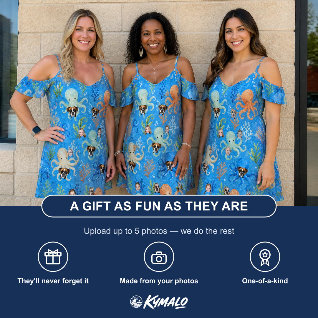 Friends in matching Women's Octopus Ocean Custom Face Off-Shoulder Dress — a group gift photo