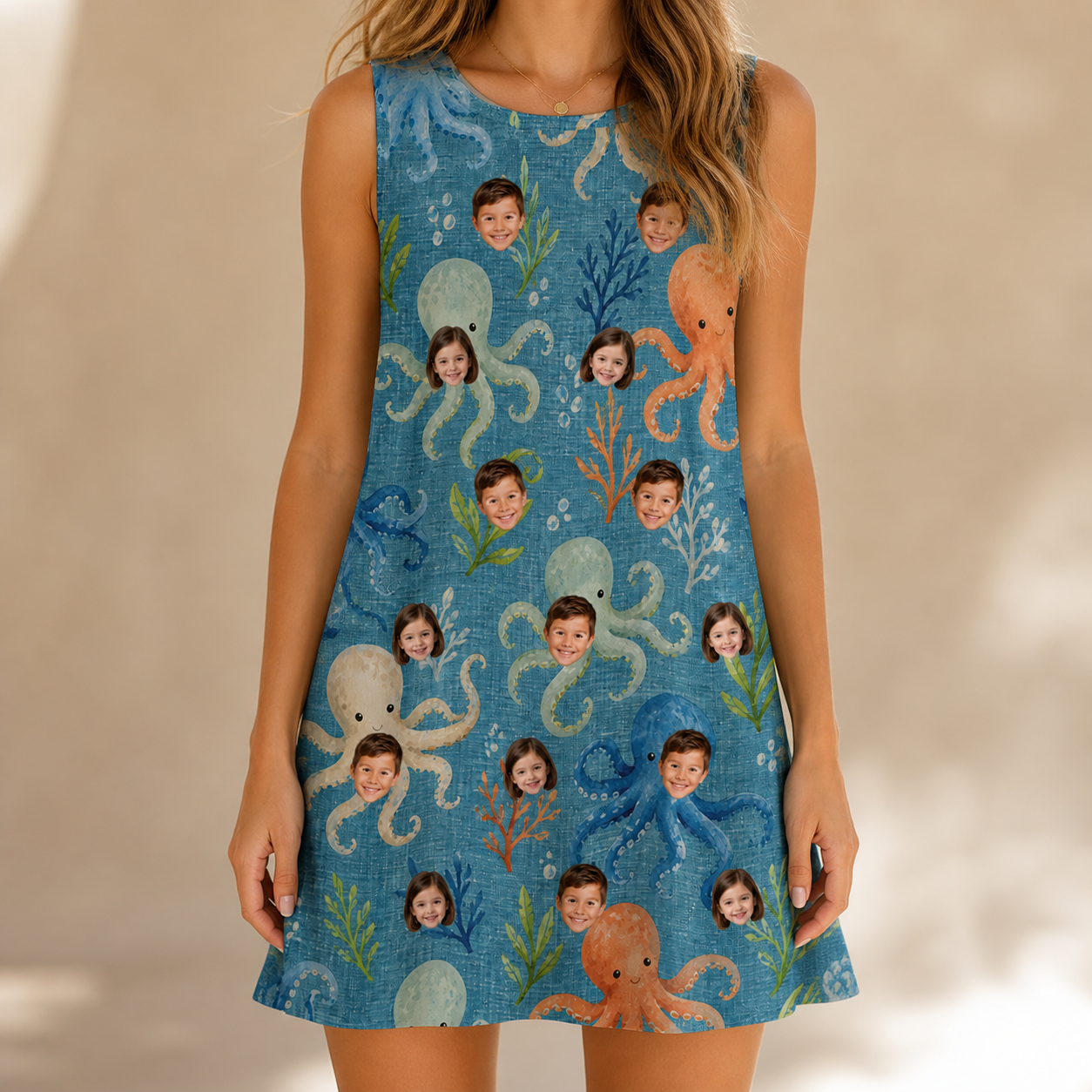 Model wearing Women's Octopus Ocean Custom Face Tank Dress printed with kids' faces