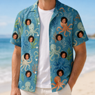 Man wearing Men's Octopus Ocean Custom Face Hawaiian Shirt open over a white tee