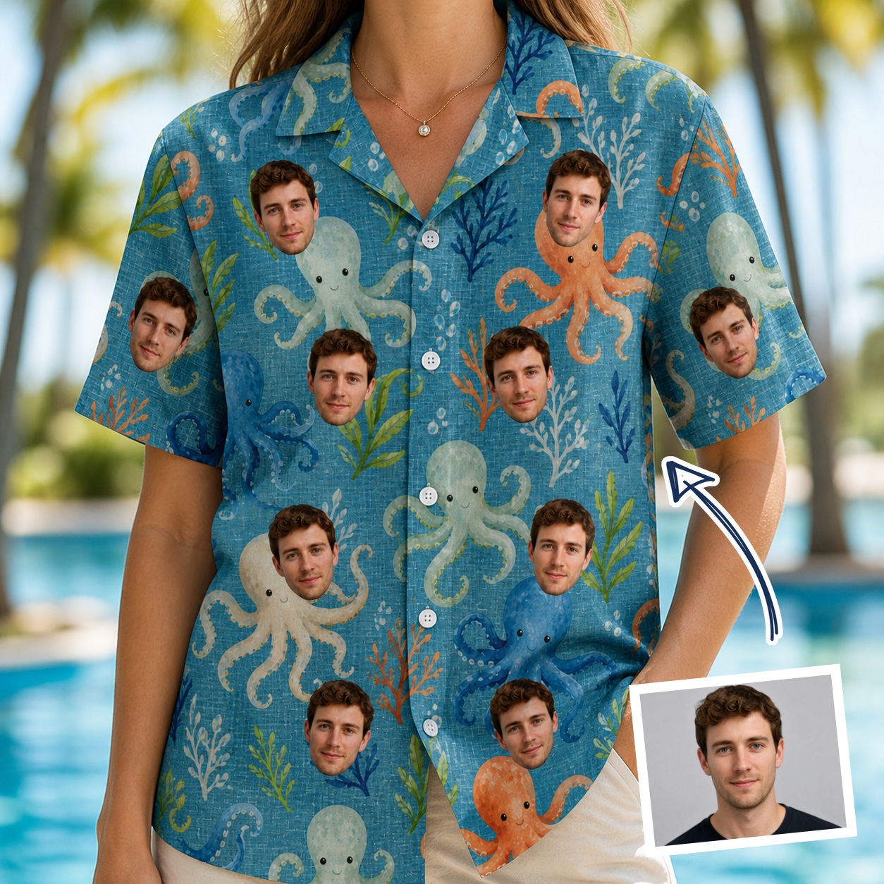 Woman wearing Women's Octopus Ocean Custom Face Hawaiian Shirt — custom faces printed all-over