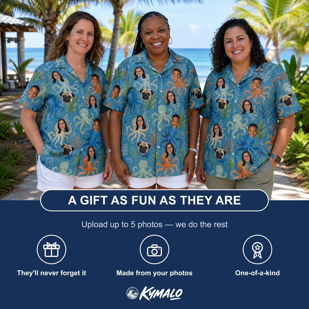 Friends in matching Women's Octopus Ocean Custom Face Hawaiian Shirt — a group gift photo