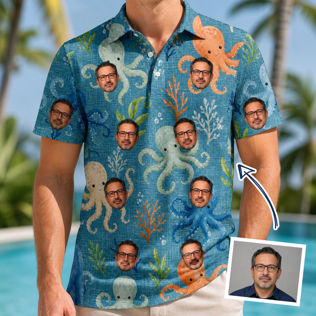 Man wearing Men's Octopus Ocean Custom Face Polo Shirt — custom faces printed all-over