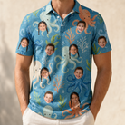 Model wearing Men's Octopus Ocean Custom Face Polo Shirt printed with kids' faces