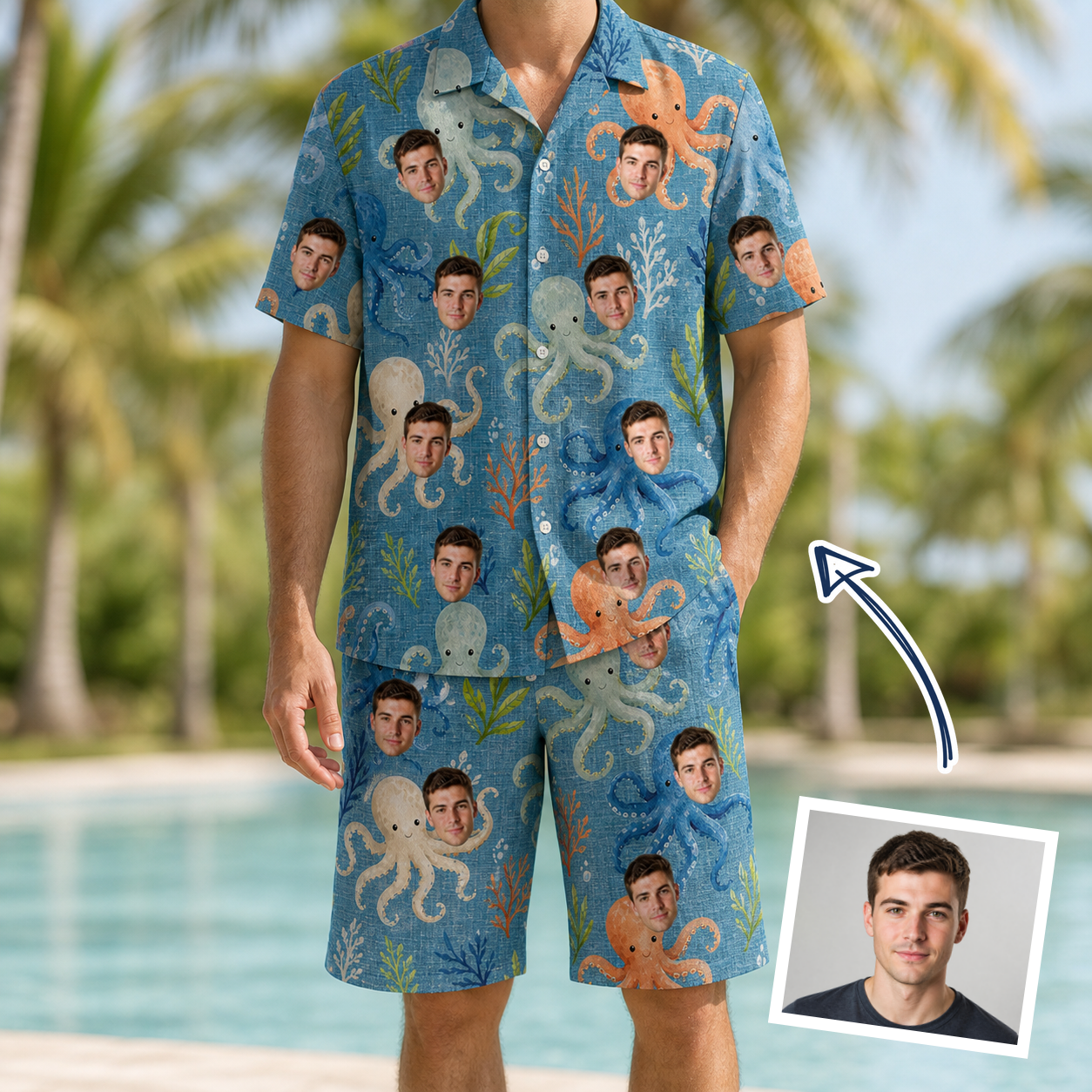 Man wearing Men's Octopus Ocean Custom Face Shirt & Shorts Set — custom faces printed all-over