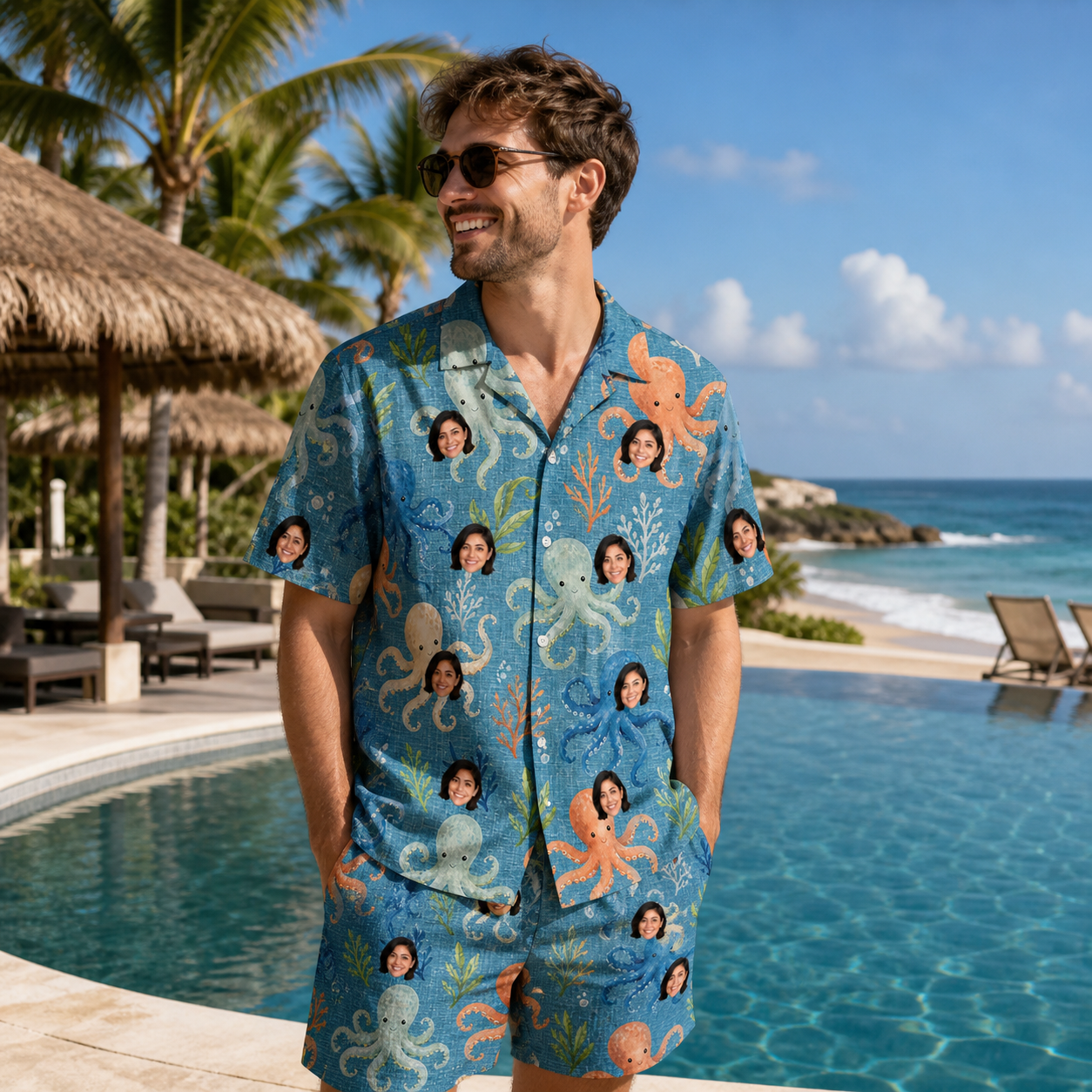 Real-life photo of someone wearing Men's Octopus Ocean Custom Face Shirt & Shorts Set — custom faces printed all-over