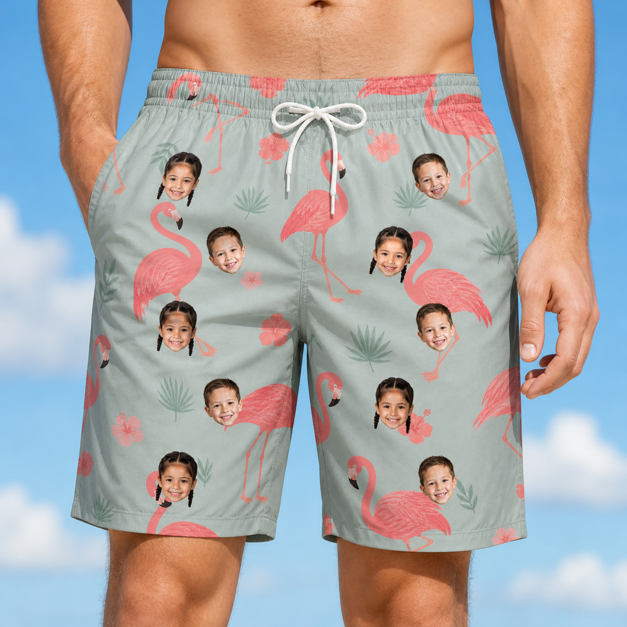 Model wearing Men's Salmon Soiree Custom Face Beach Shorts printed with kids' faces
