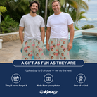 Friends in matching Men's Salmon Soiree Custom Face Beach Shorts — a group gift photo