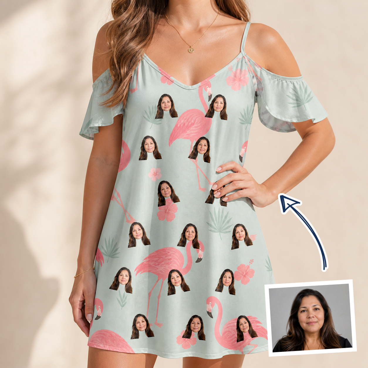 Woman wearing Women's Salmon Soiree Custom Face Off-Shoulder Dress — custom faces printed all-over