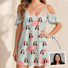 Woman wearing Women's Salmon Soiree Custom Face Off-Shoulder Dress — custom faces printed all-over