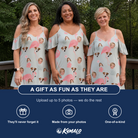 Friends in matching Women's Salmon Soiree Custom Face Off-Shoulder Dress — a group gift photo