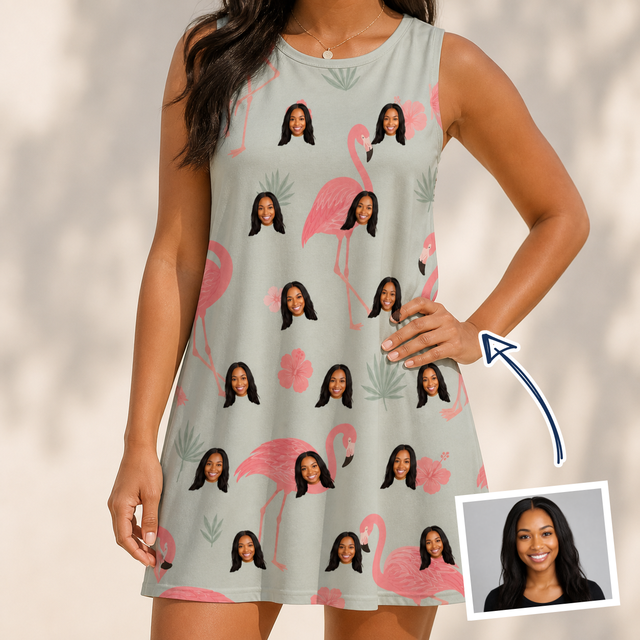Woman wearing Women's Salmon Soiree Custom Face Tank Dress — custom faces printed all-over