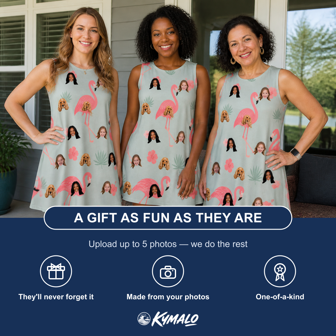 Friends in matching Women's Salmon Soiree Custom Face Tank Dress — a group gift photo