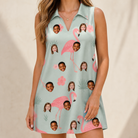 Model wearing Women's Salmon Soiree Custom Face V-Neck Dress printed with kids' faces