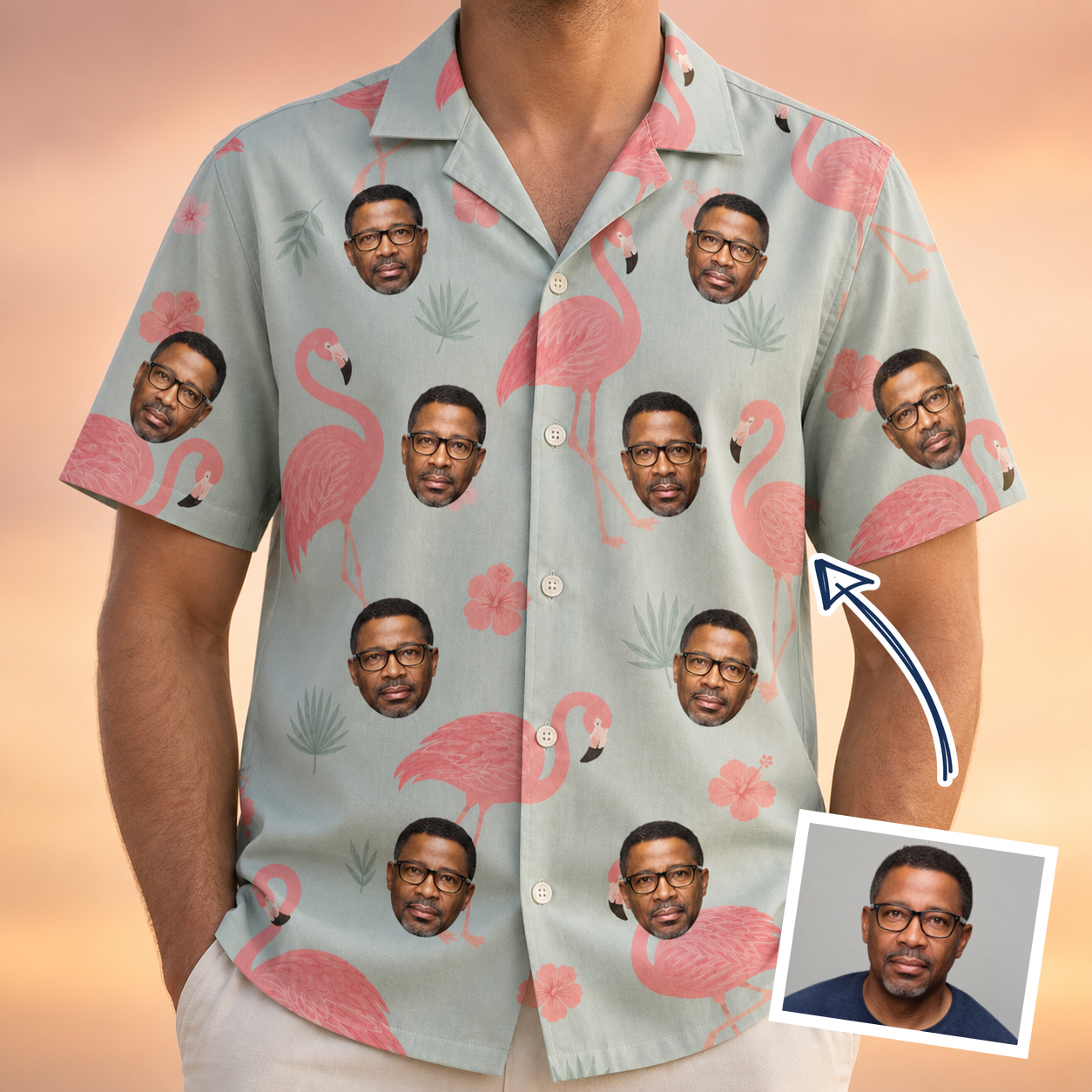 Man wearing Men's Salmon Soiree Custom Face Hawaiian Shirt — custom faces printed all-over