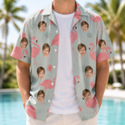 Man wearing Men's Salmon Soiree Custom Face Hawaiian Shirt open over a white tee