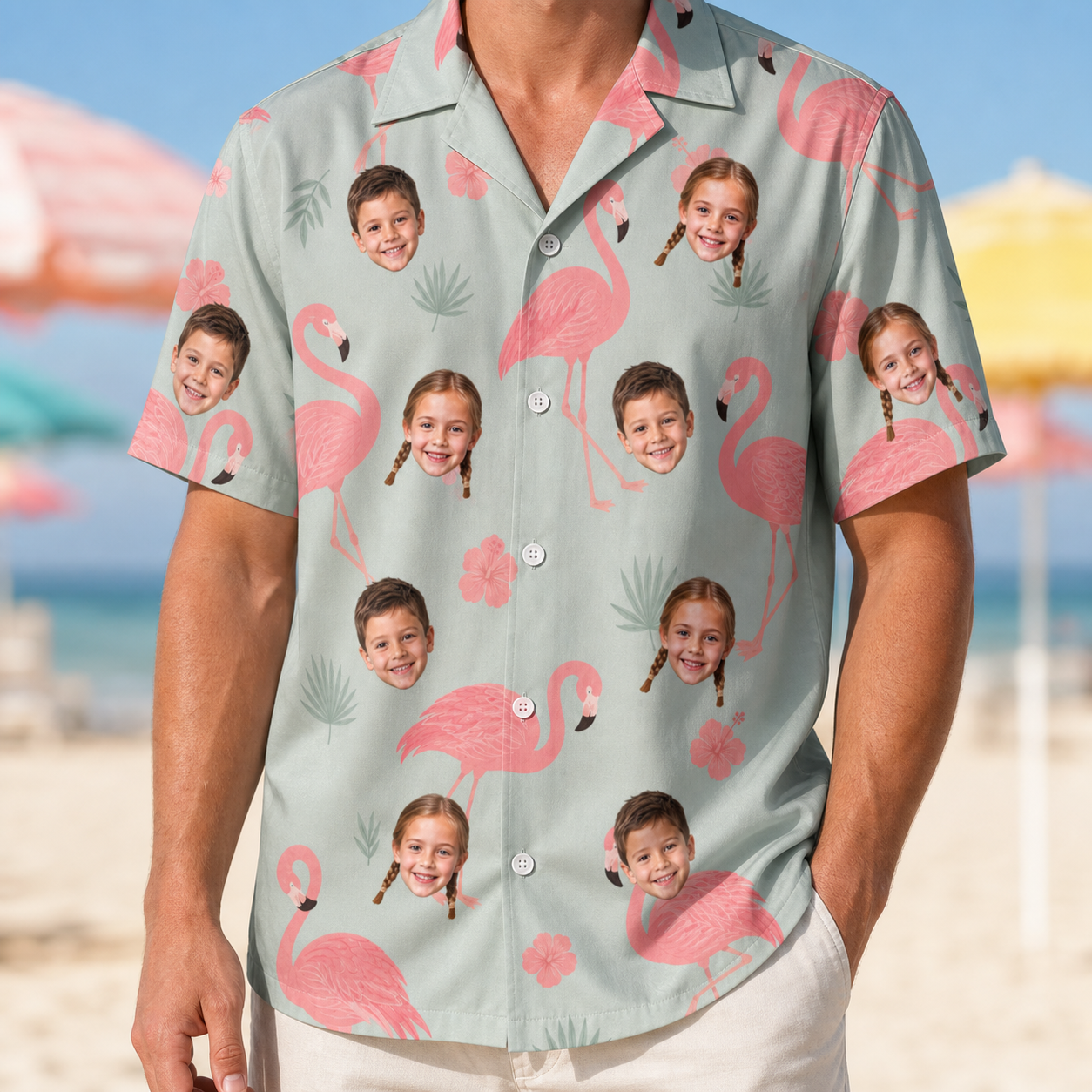 Model wearing Men's Salmon Soiree Custom Face Hawaiian Shirt printed with kids' faces