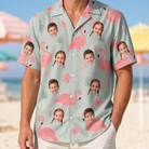 Model wearing Men's Salmon Soiree Custom Face Hawaiian Shirt printed with kids' faces