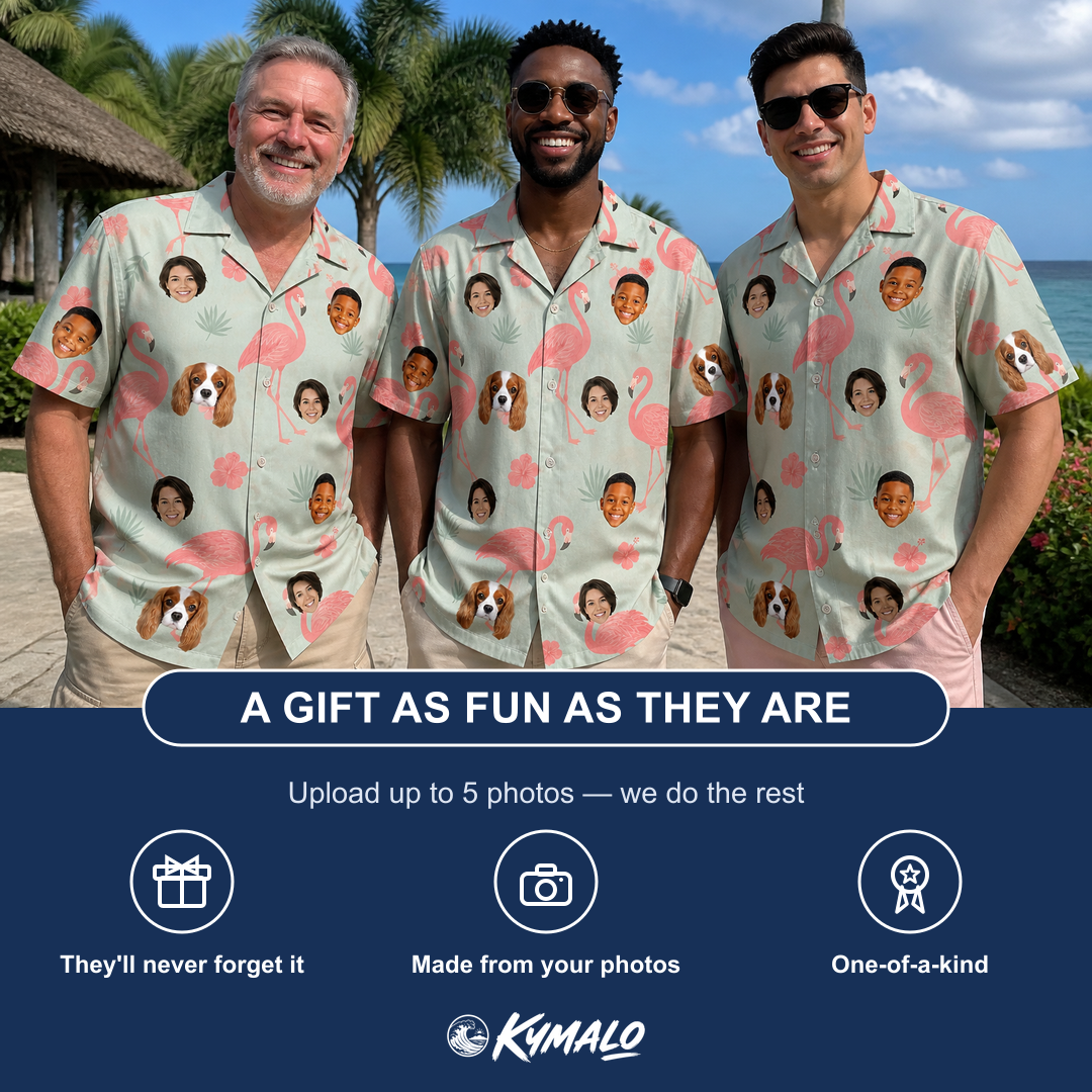Friends in matching Men's Salmon Soiree Custom Face Hawaiian Shirt — a group gift photo