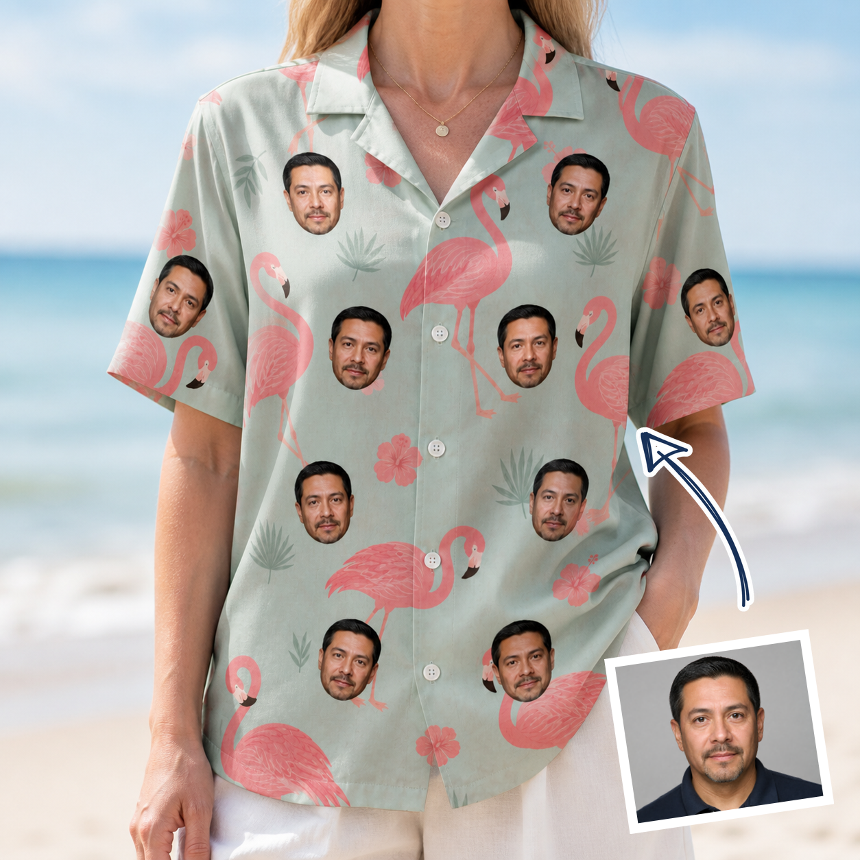 Woman wearing Women's Salmon Soiree Custom Face Hawaiian Shirt — custom faces printed all-over