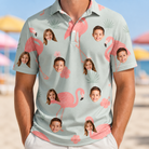 Model wearing Men's Salmon Soiree Custom Face Polo Shirt printed with kids' faces