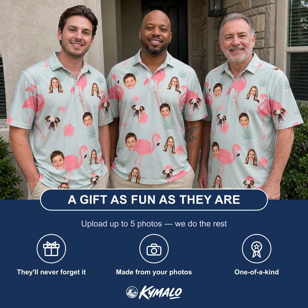 Friends in matching Men's Salmon Soiree Custom Face Polo Shirt — a group gift photo