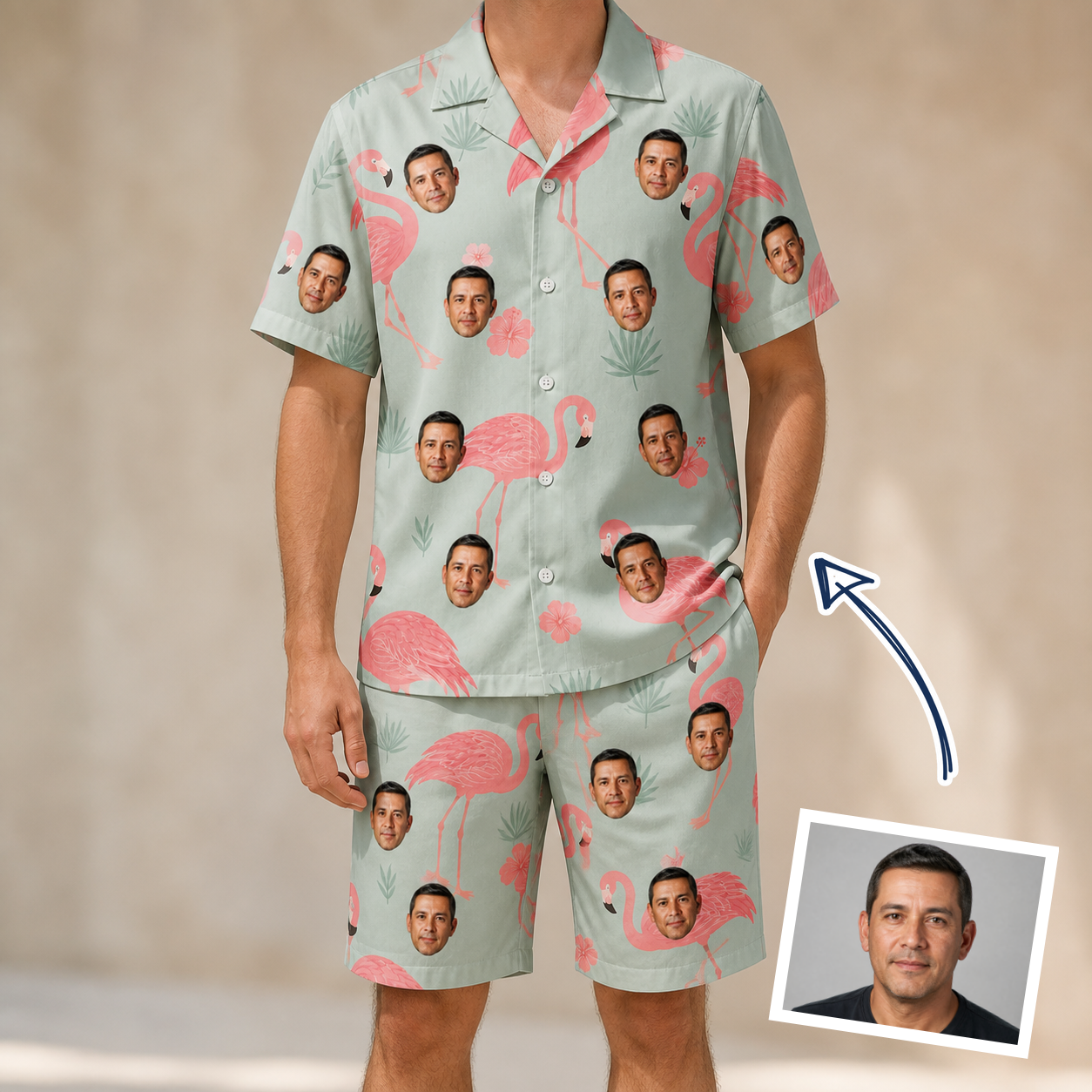 Man wearing Men's Salmon Soiree Custom Face Shirt & Shorts Set — custom faces printed all-over