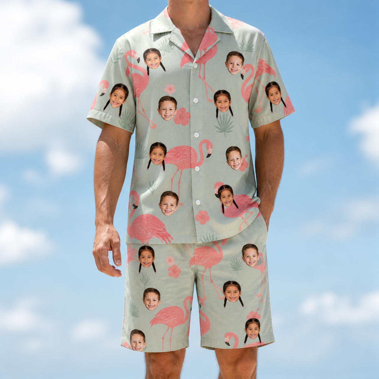 Model wearing Men's Salmon Soiree Custom Face Shirt & Shorts Set printed with kids' faces