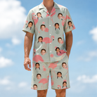 Model wearing Men's Salmon Soiree Custom Face Shirt & Shorts Set printed with kids' faces