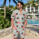 Real-life photo of someone wearing Men's Salmon Soiree Custom Face Shirt & Shorts Set — custom faces printed all-over